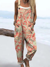 Women's Vintage Floral Art Print Casual Cotton Linen Wide Leg Jumpsuit